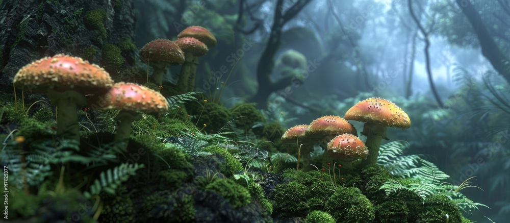 Poster mushrooms growing in the mossy forest with a copy space image