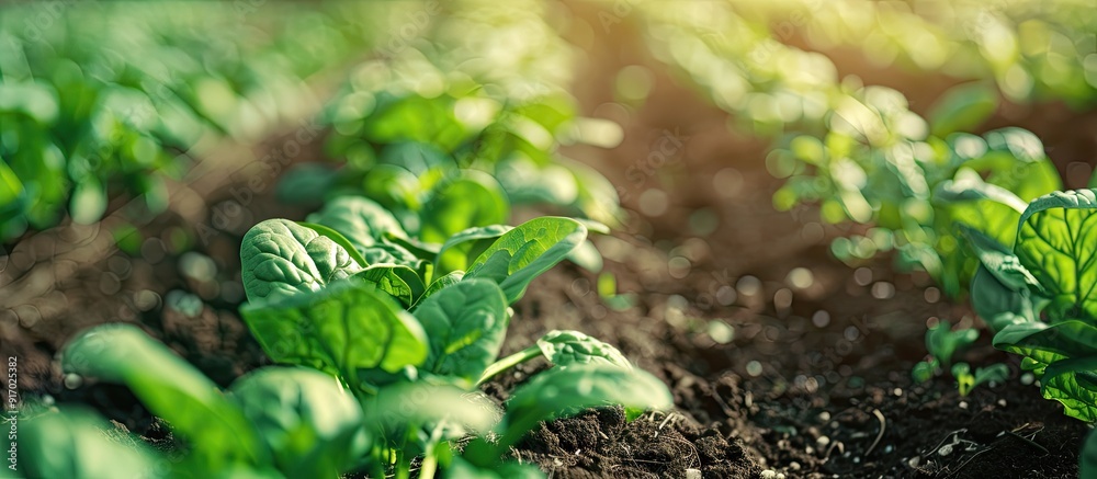 Poster lush spinach field with spinacia oleracea in a vegetable bed providing a picturesque copy space imag