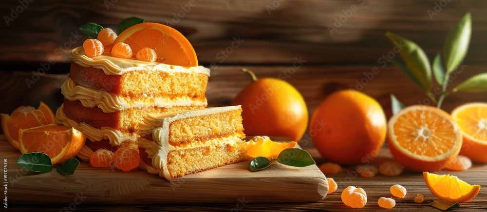 Poster orange cake with fresh oranges a delightful dessert option showcasing vibrant color and zesty citrus