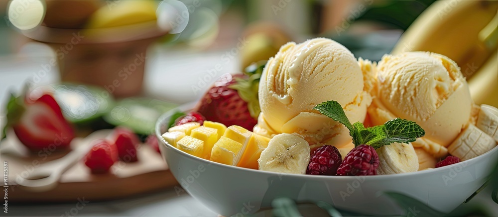 Poster healthy dessert featuring vegan banana ice cream with tropical fruits in the background all displaye