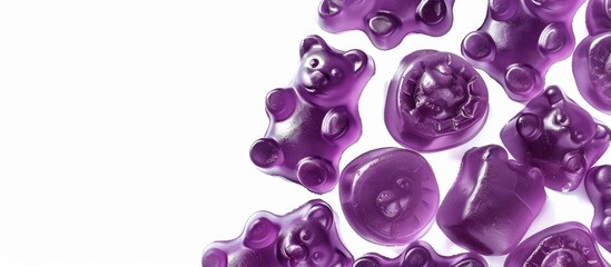 Fototapeta premium Purple jelly gummy bears a favorite sweet for children are displayed on a white background with a clipping path to highlight the copy space image