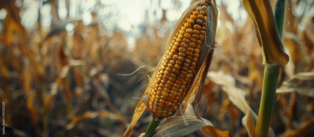 Poster close up image of a corn cob on a stem in a field damaged by pests with plenty of blank space for te