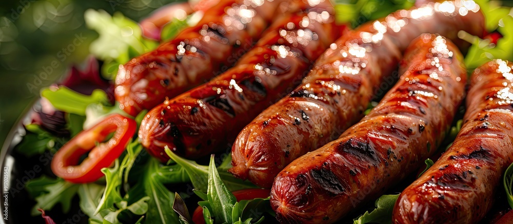 Poster savory grilled sausages served on a fresh bed of salad with a tempting background of a copy space im