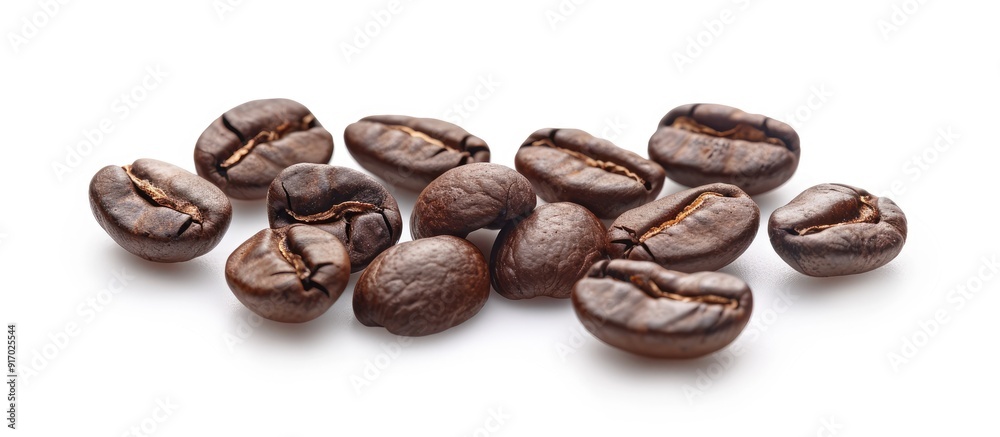 Poster A collection of fragrant roasted coffee beans set against a white background perfect for a copy space image