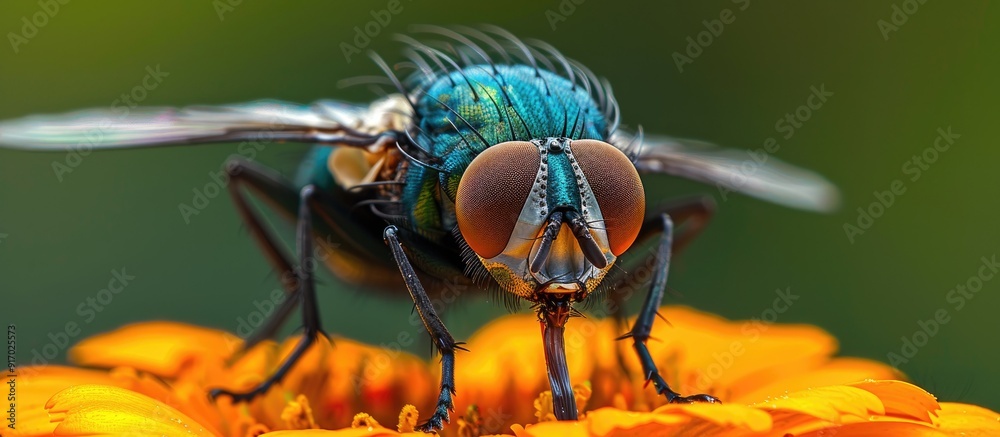 Poster an insect resembling a fly perches on a calendula flower in a composition suitable for a copy space 