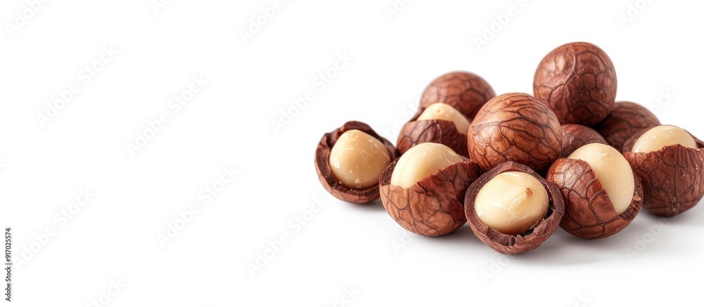 Poster Macadamia nuts featured in a white background with copy space image