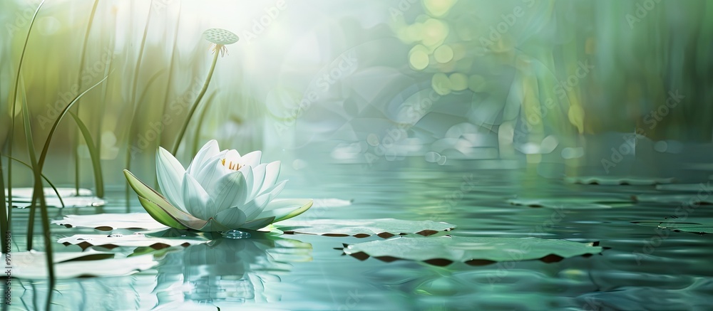 Poster white lotus blossom against a tranquil pond background with copy space image