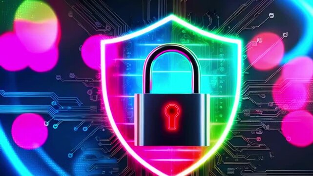 A glowing padlock within a neon shield symbol, set against a digital circuit board backdrop with colorful bokeh lights.
