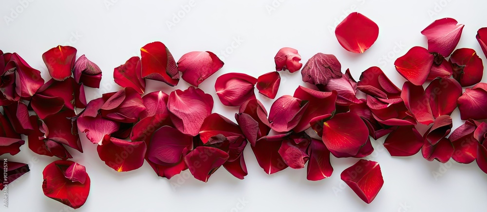 Poster red rose petals on a white backdrop create a stunning image with copy space perfect for a vibrant ro