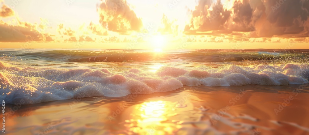 Poster A captivating beach scene at sunset with golden sand and the sea perfect for adding text or image in a blank area. . image with copy space