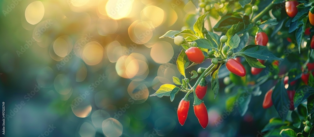 Aufkleber Fresh chilies grow on a tree in a close up image with a blurred background highlighting the vibrant colors and textures creating a dynamic copy space image