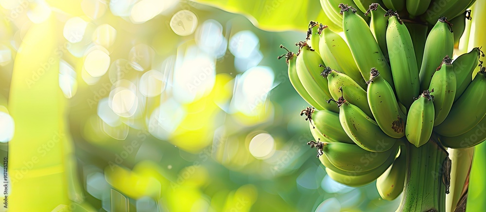 Poster a cluster of unripe green bananas hanging from a tree in the garden creating a picturesque scene wit