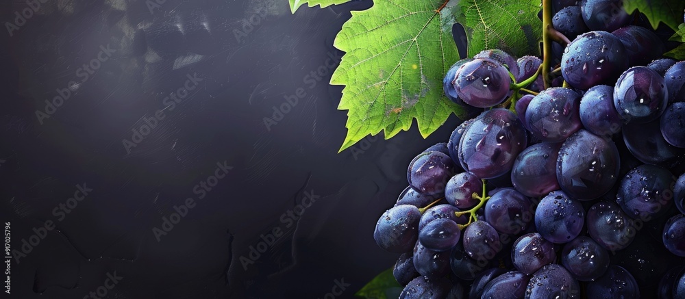Poster a bunch of rich dark grapes on a vine with a blank space for writing or images to be added in market