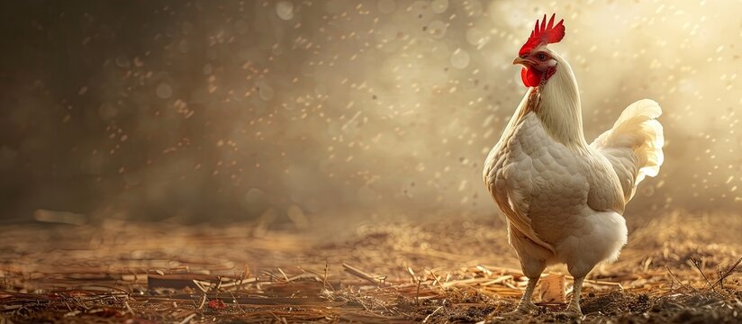 Leghorn chicken in a poultry farm setting with copy space image available