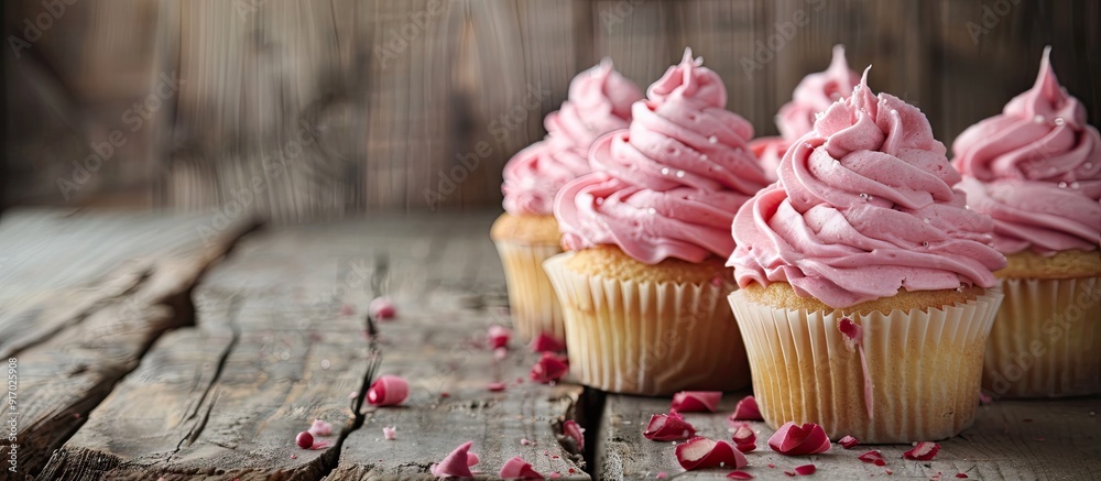Aufkleber Pink cupcakes displayed on a rustic wooden surface with ample copy space image