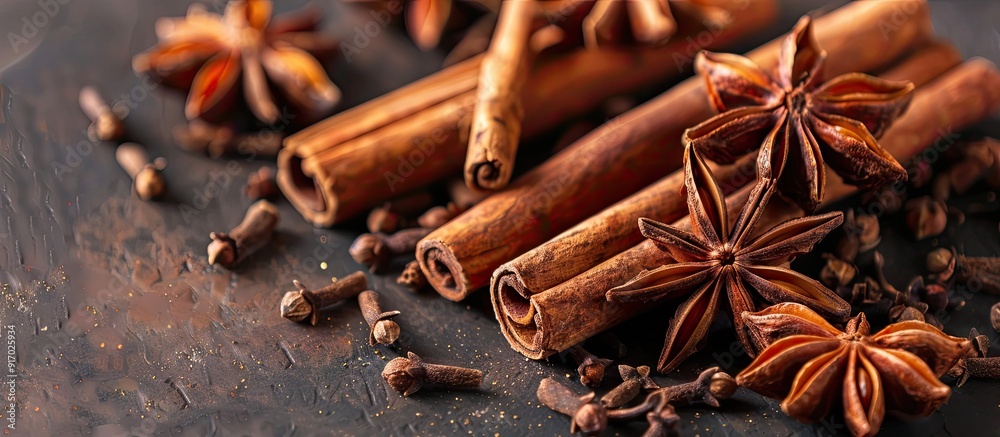 Poster Table setting with anise star cinnamon sticks and cloves creating a warm and aromatic display in a copy space image