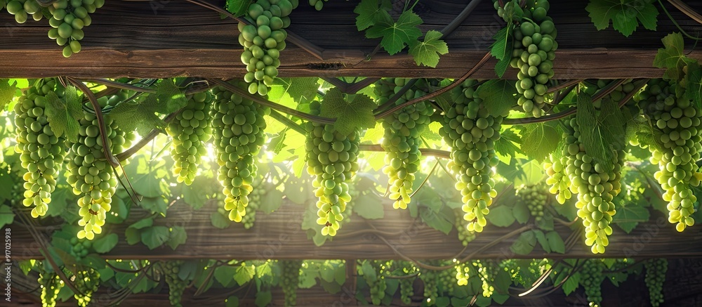 Poster a vineyard scenic with lush green grapes hanging elegantly on a wooden ceiling creates a serene sett