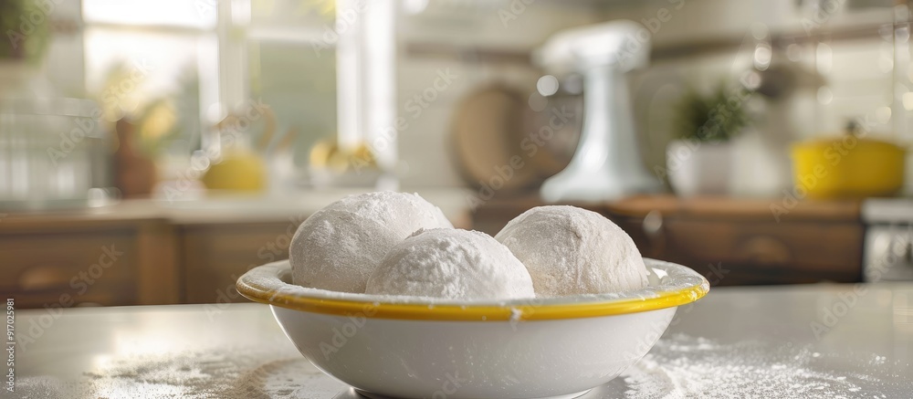 Poster a close up of two white bread dough balls covered in flour inside a white bowl with yellow trim on a