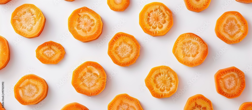 Aufkleber round carrot slices on a white backdrop with ample copy space image