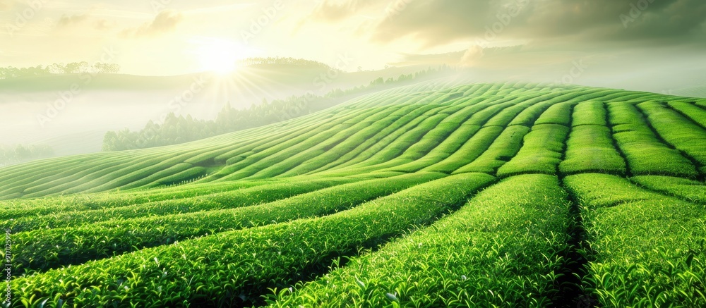 Poster scenic view of lush green tea fields with a tranquil ambiance and a copy space image