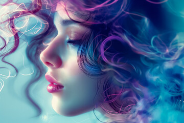 Serene and captivating profile of a woman is immersed in swirling layers of mesmerizing, colorful hair that embodies both beauty and creativity in a vibrant ambiance