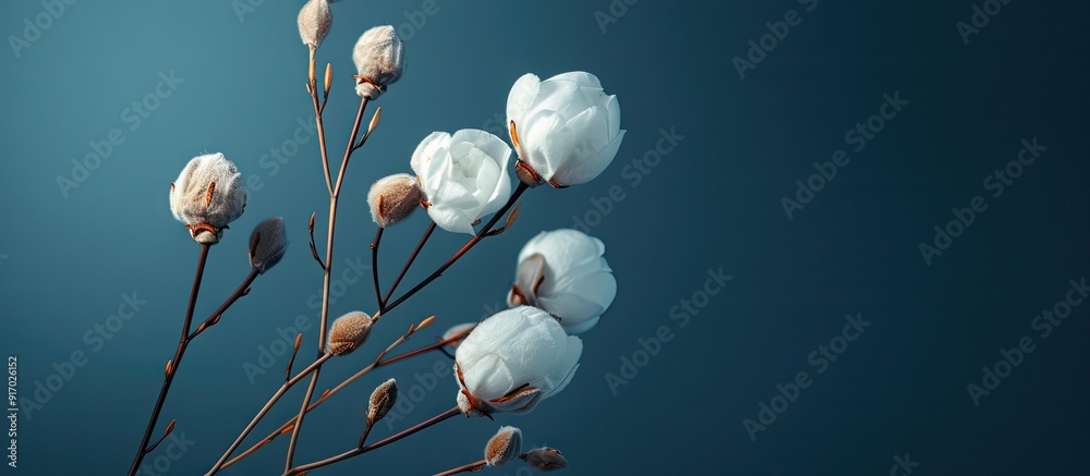 Poster cotton flowers on a blue backdrop with a close up view providing a copy space image