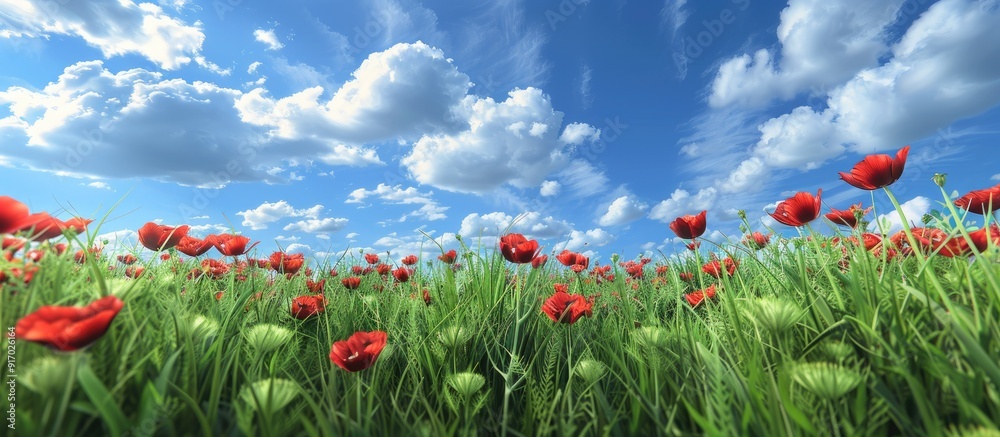 Poster Red anemones emerge in the lush grass under a blue sky with fluffy clouds creating a serene copy space image