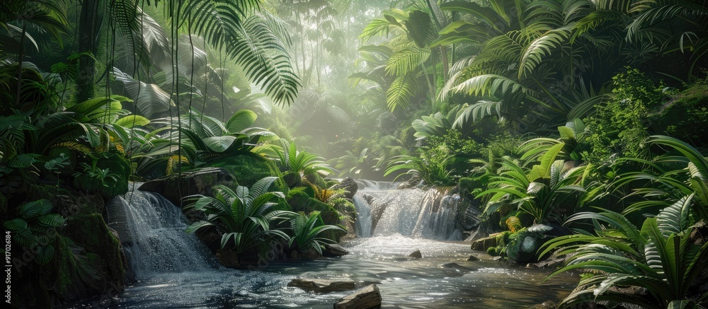 Poster Stream flowing through the dense jungle with lush greenery and wildlife surrounding it ideal for a copy space image