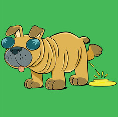 pug dog urinates contentedly while walking