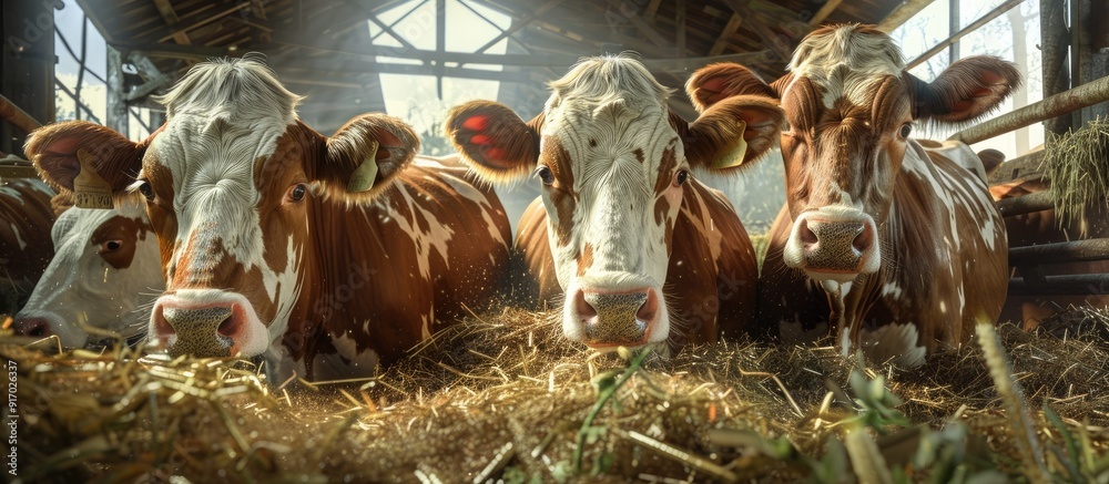 Poster Copy space image of Fleckvieh dairy cows in a sustainable bio farm setting being cared for in a cowshed and fed hay grass and silage suitable for milk production