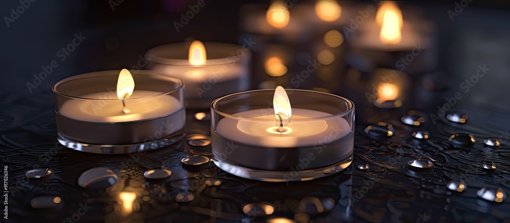 Poster A few small candles burning on a dark surface with a clear paraffin coating creating a copy space image
