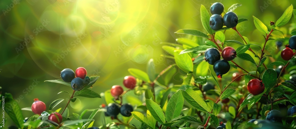Poster fresh red bilberry on a bush with vibrant blueberry shrubs green leaves creating a healthy food back