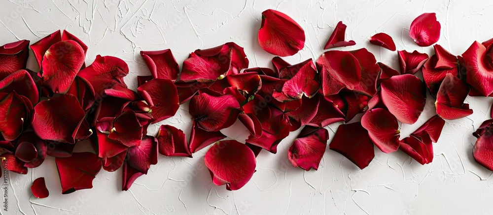 Poster red rose petals on a white backdrop create a stunning image with copy space perfect for a vibrant ro