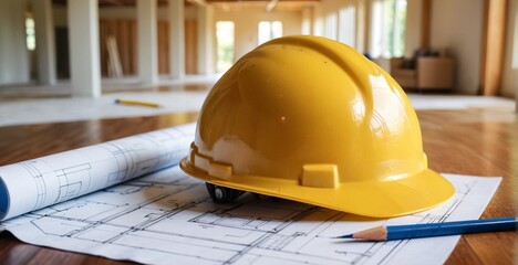 Close-up of a yellow hardhat, pencil, and blueprint floor plan on the wooden table. Construction Project Concept.