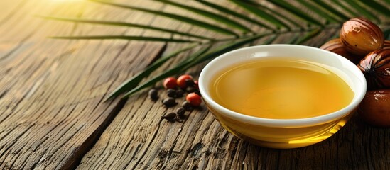 Selective focus on oil palm or cooking oil in a white bowl on a wooden table with copy space image