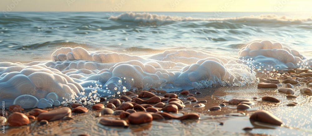 Poster ocean waves crash against the shore leaving behind sea foam and reddish brown stones scattered along