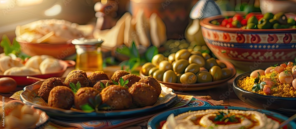 Poster Breakfast typically eaten in the Middle East featuring various dishes like falafel and hummus served with flatbreads and olives In the background a beautiful copy space image