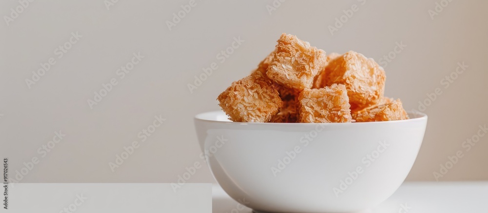 Poster Rusk in a white bowl showcasing a crispy texture against a clean background with copy space image