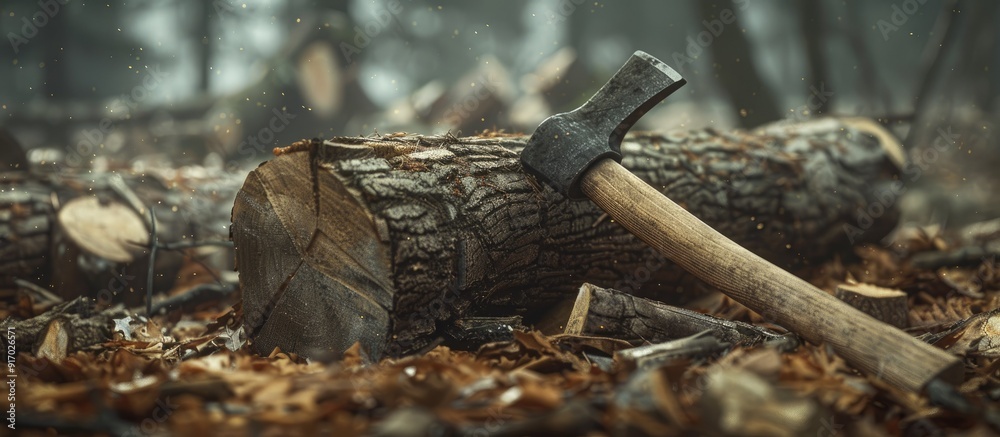 Poster An axe embedded in a log with neatly chopped wood around it creating a rustic scene with a prominent copy space image