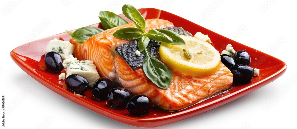 Aufkleber roasted salmon fillet presented on a red plate with lemon black greek olives and white goat cheese i