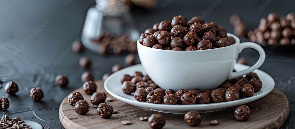 Poster Close up of chocolate cereal balls scattered on a board with a white teacup creating an aesthetic arrangement with copy space image