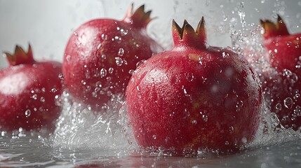 Explosive Splash of Fresh Pomegranate Juice in Mid-Air, Photorealistic Detail of Vibrant Red Pomegranates Bursting with Water Spray on a Bright Clean Background,