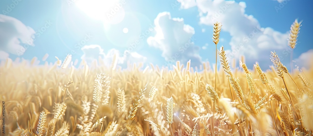Poster sunny day field with wheat selective focus blue sky background copy space image slots available