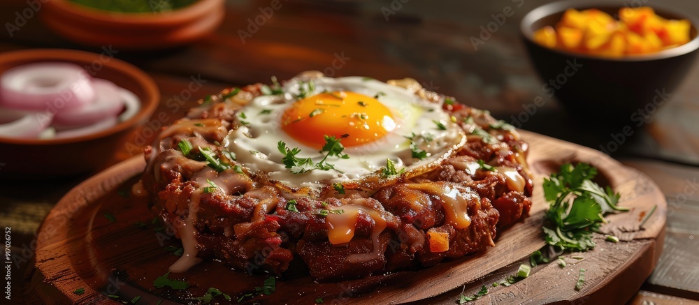 Poster front view of a papa rellena peruvian dish on a wooden board with meat egg and onion ready to eat wi