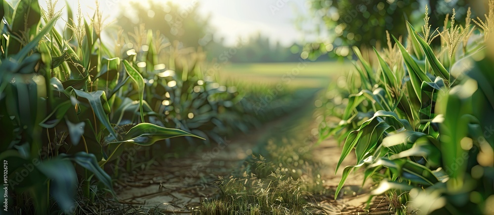 Poster in summer there are corn stalks in the field with empty space available for images. . image with cop