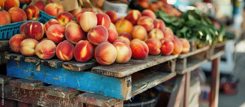 Poster fresh ripe peaches displayed on a market stall with available copy space image