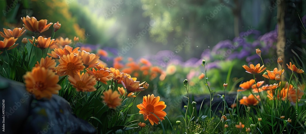 Poster vivid orange blooms in an enchanting garden setting perfect for a copy space image