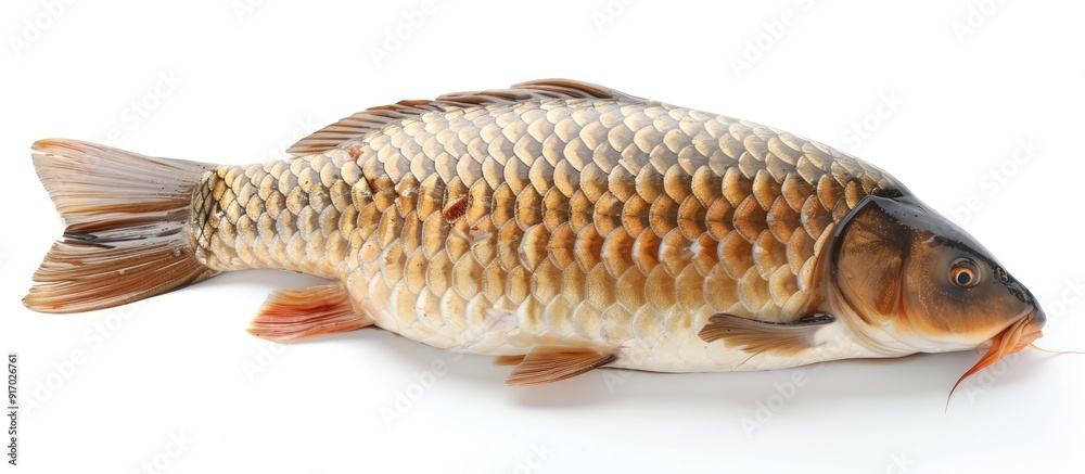 Poster Isolated on a white backdrop a fresh raw rohu fish piece stands accompanied by a blank space image in the background. . image with copy space