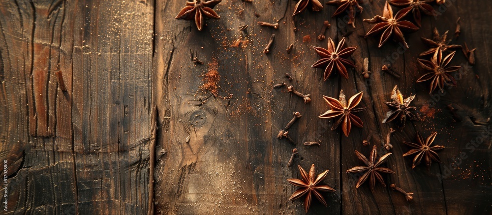 Poster a stew recipe featuring star anise and cinnamon with a copy space image set on a wooden background
