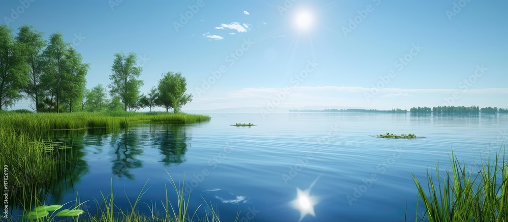 Poster a serene summer day with a clear blue sky above a tranquil lake creating a picturesque scenery for a